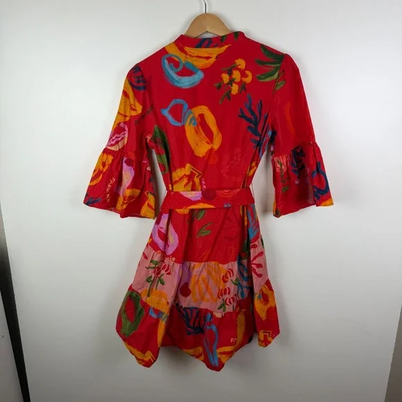Farm Rio Tropical Fruit Printed Mini Shirt Dress Small Multicolor Belted Resort - Picture 6 of 13